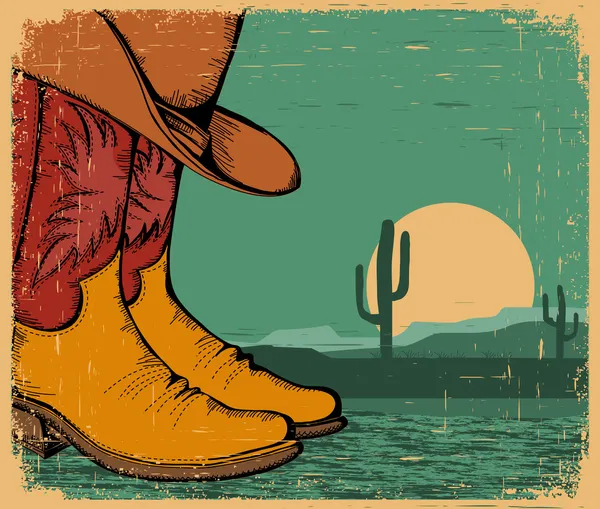 Fundo ocidental com sapatos de cowboy e paisagem do deserto no velho — Vetor de Stock