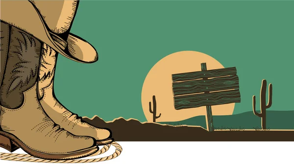 カウボーイの靴と砂漠の風景と西部の図 — ストックベクタ