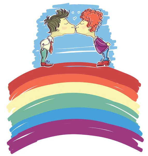 Gay couple kissing on abstract rainbow .Vector sketch illustrati — Stock Vector