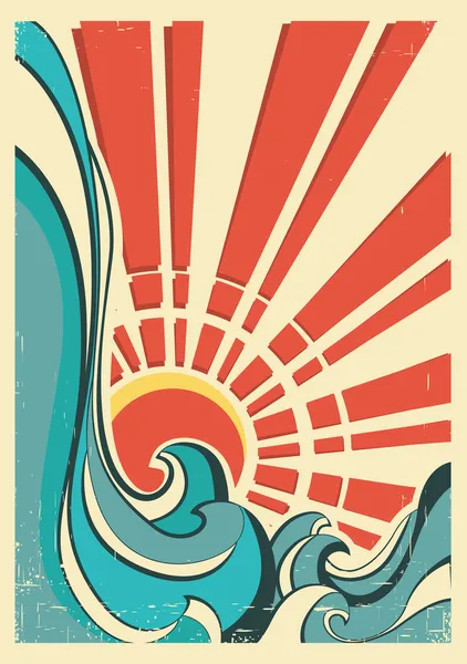 Vagues de mer.Illustration vintage de la nature affiche avec soleil jaune — Image vectorielle