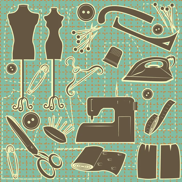 Menjahit simbol seamless pattern.Vector tailoring background - Stok Vektor