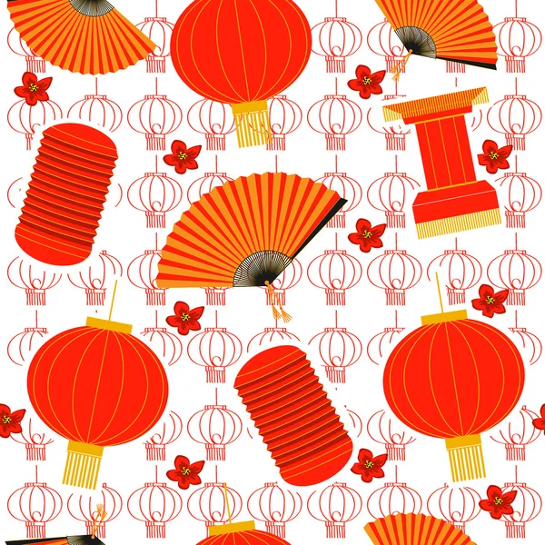 Kinesiska röda lyktor sömlös pattern.vector bakgrund på vit — Stock vektor