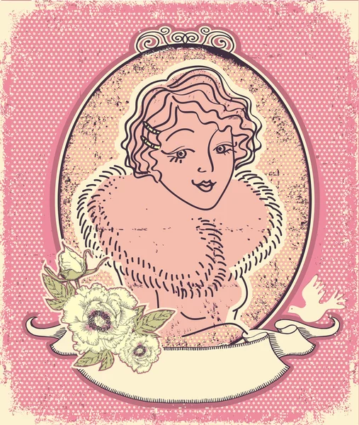 Retrato vintage de mujer con flores y marco romantico.Vector il — Vector de stock