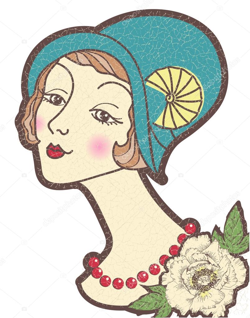 Vintage nice woman in a hat.Vector illustration isolated on whit
