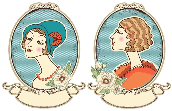 Vintage woman portraits in frame.Vector illustration — Stock Vector