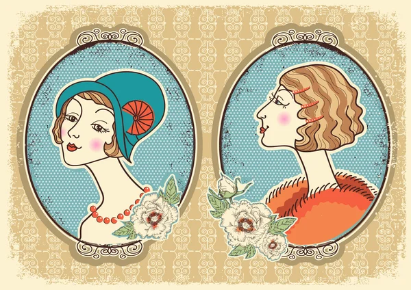 Vintage woman portraits in frame.Vector illustration — Stock Vector