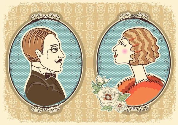 Vintage cavalheiro e mulher rosto retratos.Vector ilustração — Vetor de Stock