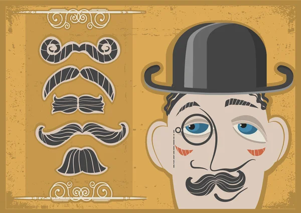 Vintage gentleman face in bowler hat and mustaches on old paper — Stock Vector