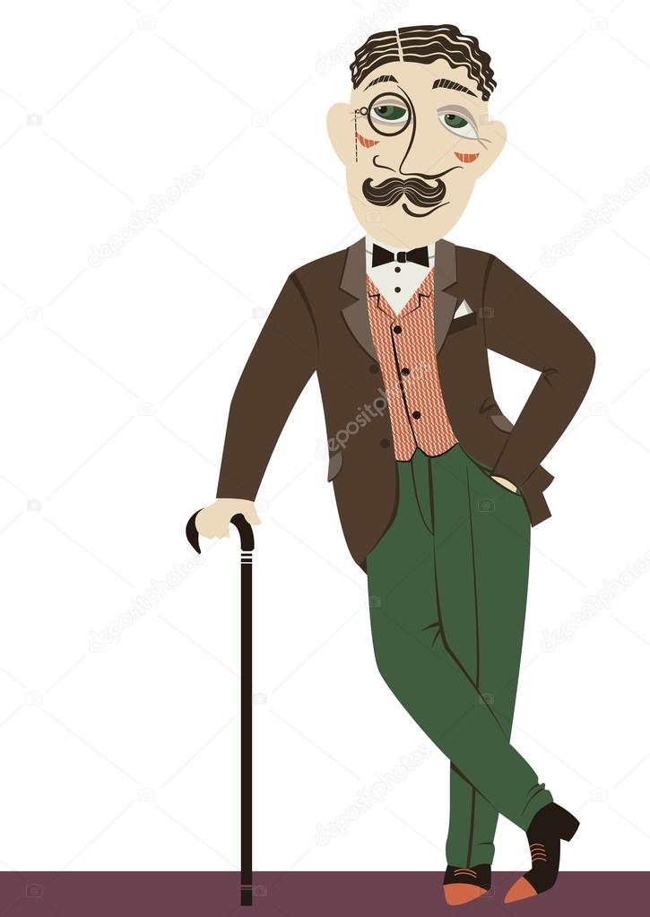 Vintage gentleman with cane.Vector man isolated on white