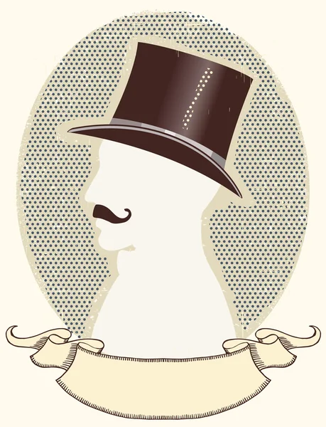 Gentleman in a top black hat and mustache.Vector face silhouette — Stock Vector