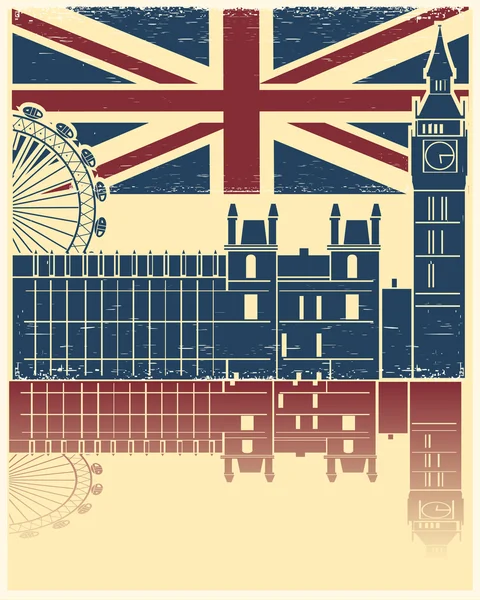 Vintage London poster on old background texture with England fla — Stock Vector