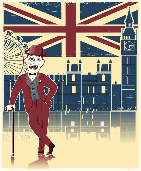 Gentleman in black bowler hat and cane.Vintage London background — Stock Vector