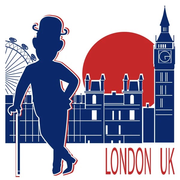 Gentleman in black bowler hat and cane on London background. — Stock Vector