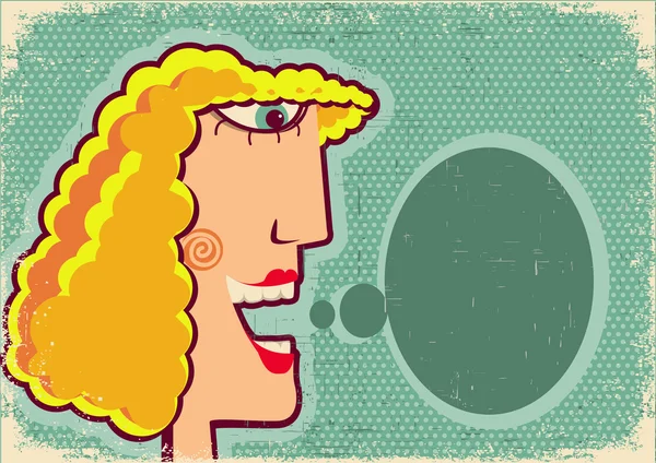 Женщина лицо мультфильм с пузырём на старой текстуре плаката, вектор назад — стоковый вектор