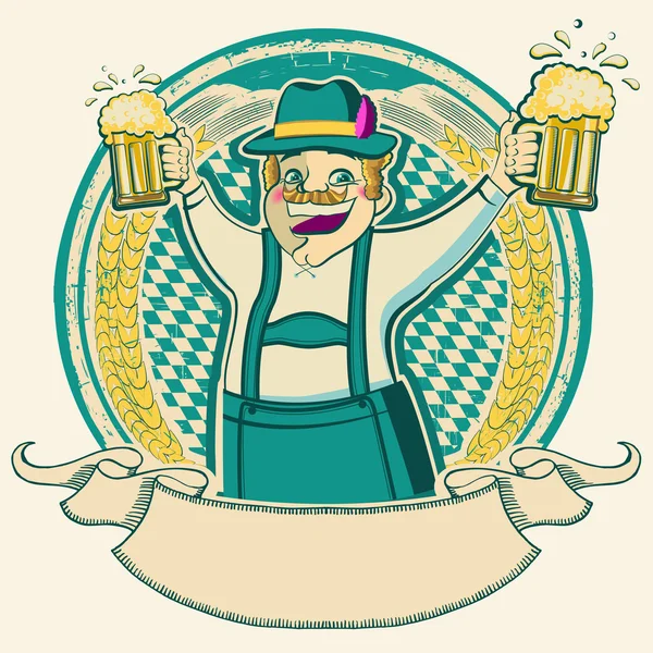 Oktoberfest. Etiqueta vintage con hombre y vasos de cerveza en b viejo — Archivo Imágenes Vectoriales