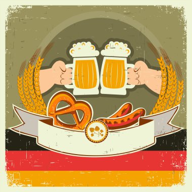 Elleriniz ve beers.vector illus Vintage oktoberfest arka plan