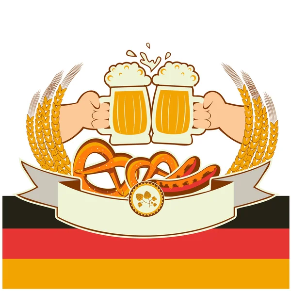 Oktoberfest háttér kezét és söröket kínál. Vektoros illusztráció — Stock Vector