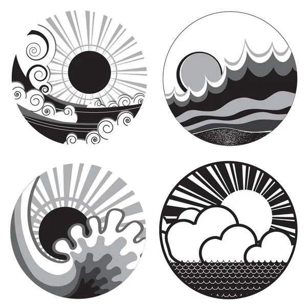 Sole e onde del mare. Vettore bianco nero icone grafiche di illustrare — Vettoriale Stock