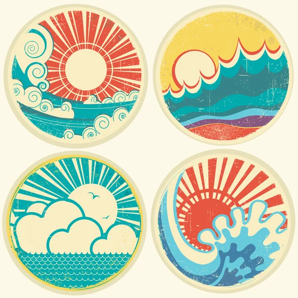 Sol vintage e ondas do mar. Ícones vetoriais de ilustração de mares —  Vetores de Stock