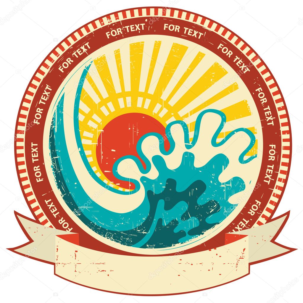 Sea wave and sunlight.Vintage label with scroll for text on retro background