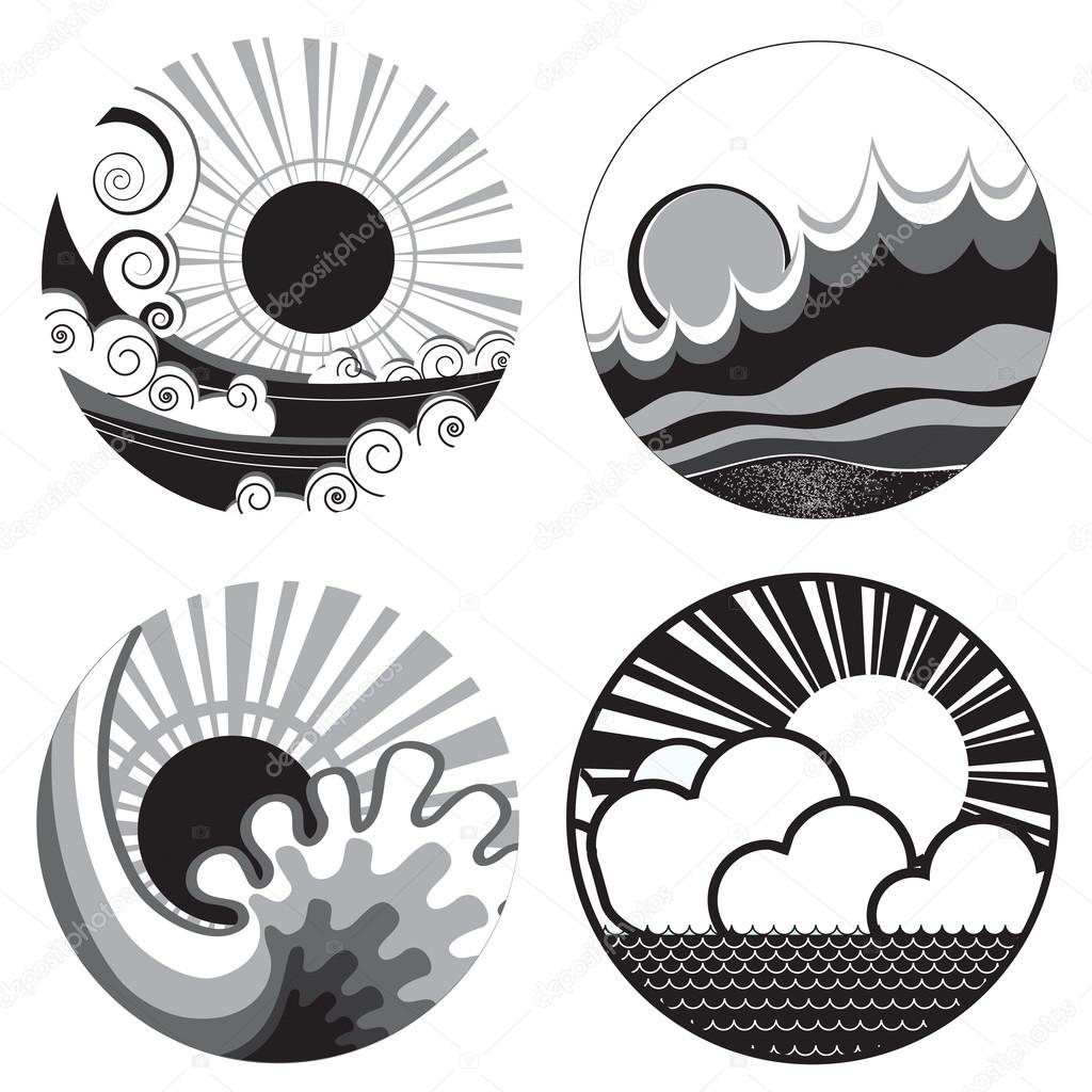 Sun And Sea Waves Vector Black White Graphic Icons Of Illustra Vector Image By C Geraktv Vector Stock 28116663