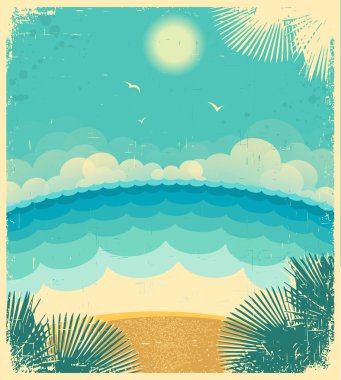 Deniz ve güneş eski kağıt üzerinde Vintage seascape.vector arka plan