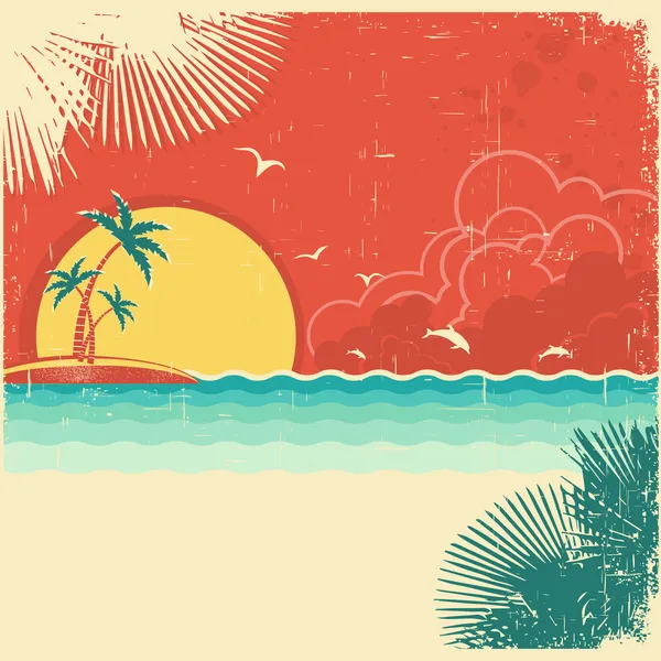 Vintage nature tropical seascape background with island and palm — Stock Vector