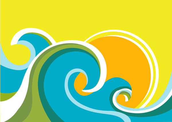 Nature seascape poster with sea waves and sun.Vector color illus