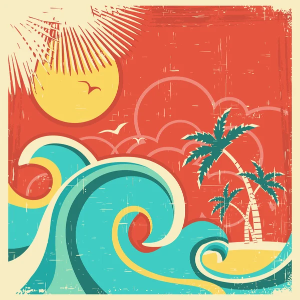 Cartel tropical vintage con isla y palmeras. Vector de fondo marino — Archivo Imágenes Vectoriales