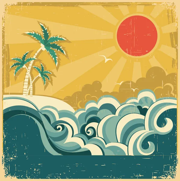 Vintage nature tropical seascape background with palms .Vector p — Stock Vector