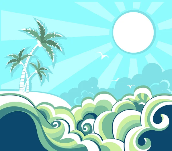 Ретро-природа тропический морской фон с островом и пальмами — стоковый вектор