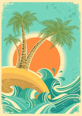 Vintage doğa deniz dalgaları ve sun.vector eski retro poster