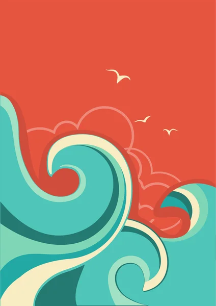 Винтажный тропический фон с морскими волнами и солнцем — стоковый вектор
