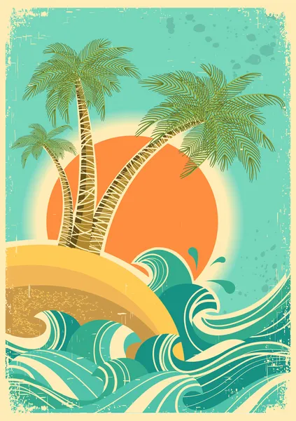 Vintage mar natureza com ondas e sun.Vector retro poster no velho —  Vetores de Stock