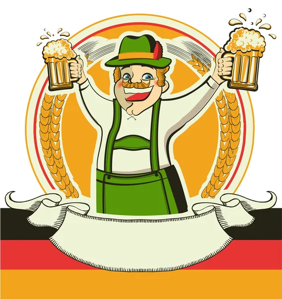 Uomo tedesco e bicchieri di birra.Vector oktoberfest simbologia Ligu — Vettoriale Stock