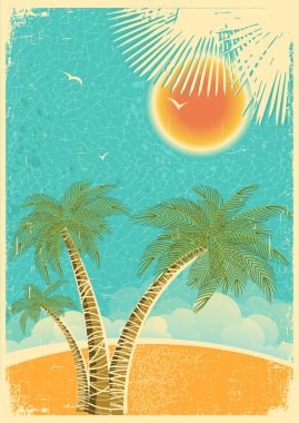 Vintage doğa tropikal Adası ve deniz arka plan ile güneş ve p