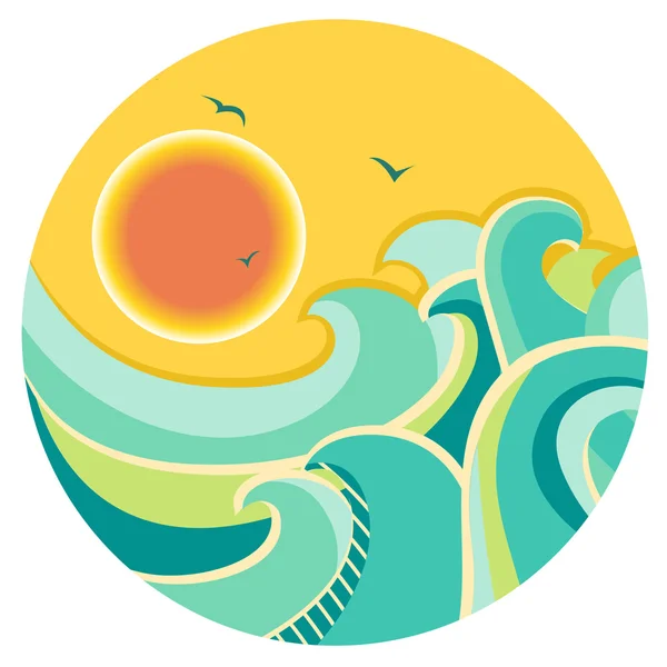Vintage renk deniz manzarası ile güneş yuvarlak sembolü — Stok Vektör