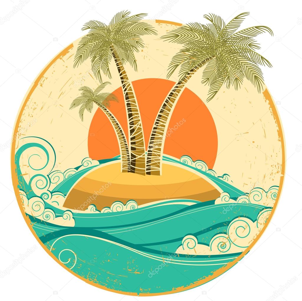 VIntage tropical island.Vector symbol seascape with sun on old p