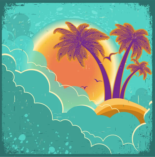 Vintage tropical island background with sun and dark clouds on o — Stock Vector