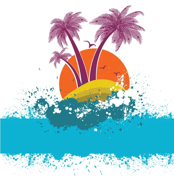 Symbole de l'île tropicale avec des palmiers silhouette et grunge eleme — Image vectorielle