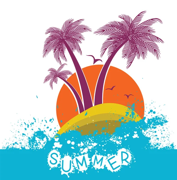 Símbolo vectorial de color de la isla tropical con palmeras y ele grunge — Vector de stock