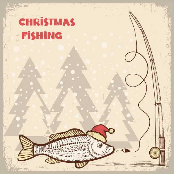 크리스마스 빨간 산타 모자에 물고기와 낚시 카드. 벡터 드로잉 — 스톡 벡터
