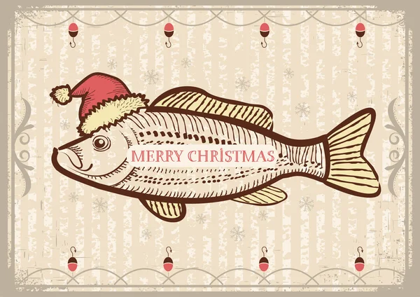 Boże Narodzenie ryb w santa hat.vintage czerwony rysunek karty na stary tekst — Wektor stockowy