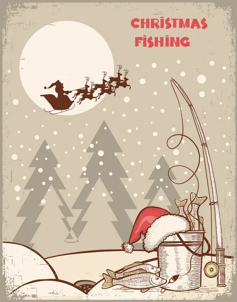 Pesca en la noche de Navidad.Imagen de invierno vintage con Santa — Vector de stock