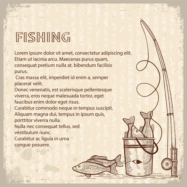 Imagem vintage da vara de pesca e peixes.Vector desenho ilustrat — Vetor de Stock
