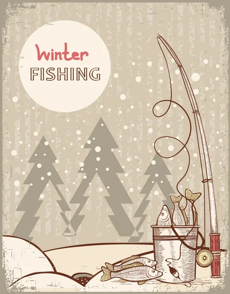 Fishing in Christmas night.Vintage winter image with Santa — Stock Vector