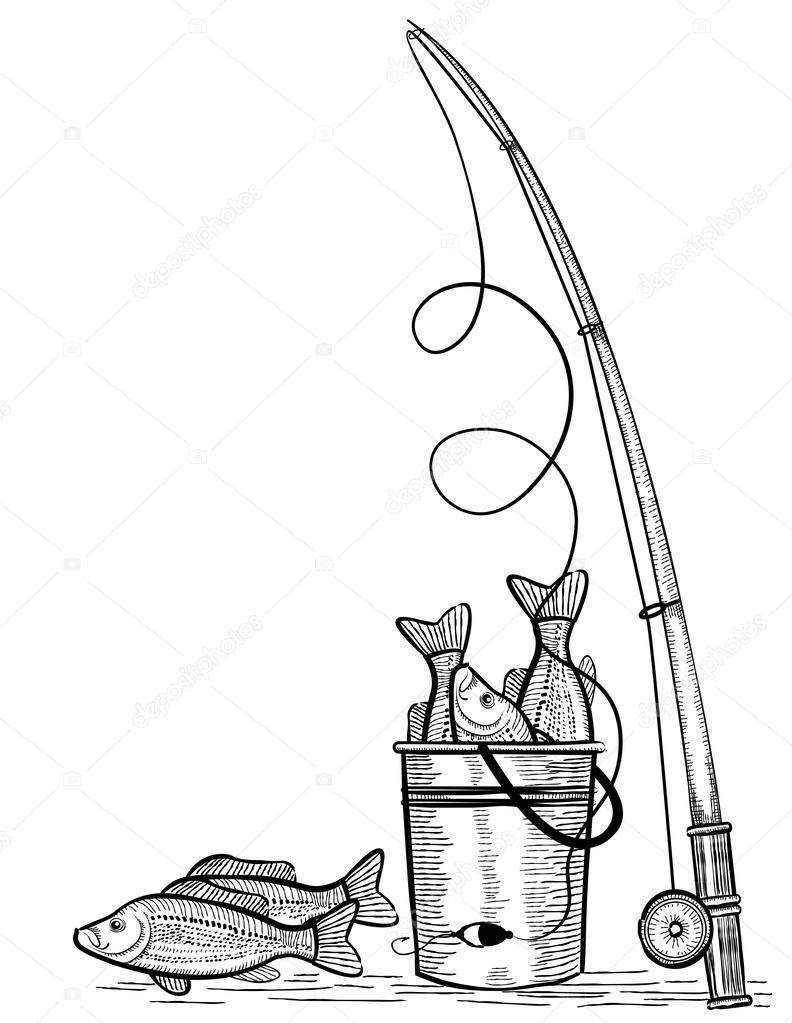 Fishing rod and fishes.Vector black drawing illustration — Stock Vector