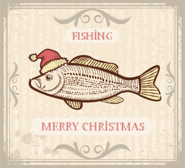Yılbaşı görüntüsü ile santa şapka .vector drawi balık balıkçılık