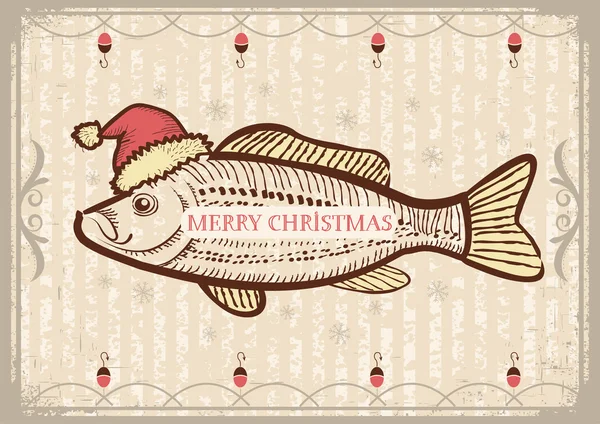 Χριστούγεννα ψάρια στη Σάντα κόκκινο hat.vintage σχέδιο κάρτα στο παλαιό κείμενο — Διανυσματικό Αρχείο