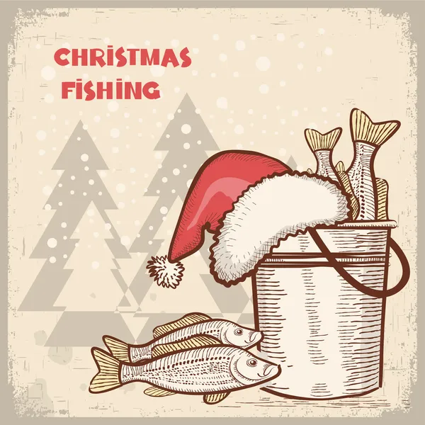 Tarjeta de Navidad.Dibujo de la imagen de la pesca exitosa en backgr viejo — Archivo Imágenes Vectoriales